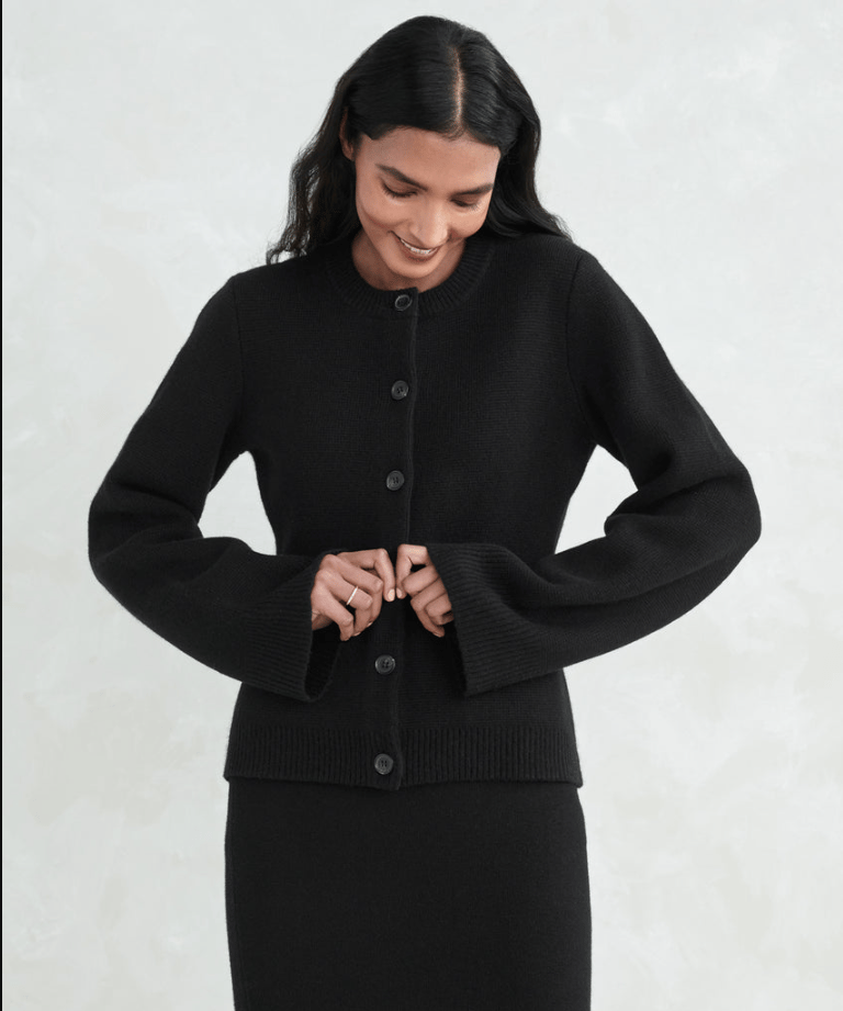 Schwarzer Damen-Cardigan, Knopfleiste, weiches Material, elegantes Design, Herbstmode.