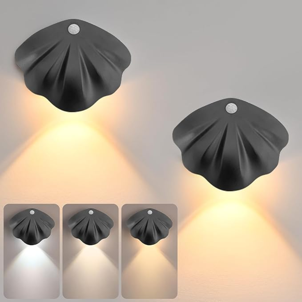 Schwarze LED-Wandleuchte Muschelform, modernes Design, warmweißes Licht, Innenbeleuchtung.