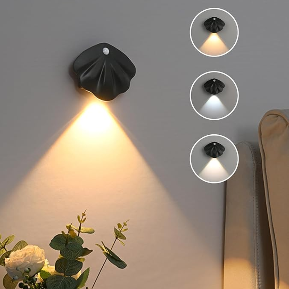Schwarze LED-Wandleuchte Muschelform, dimmbar, modernes Design, warmweißes Licht.