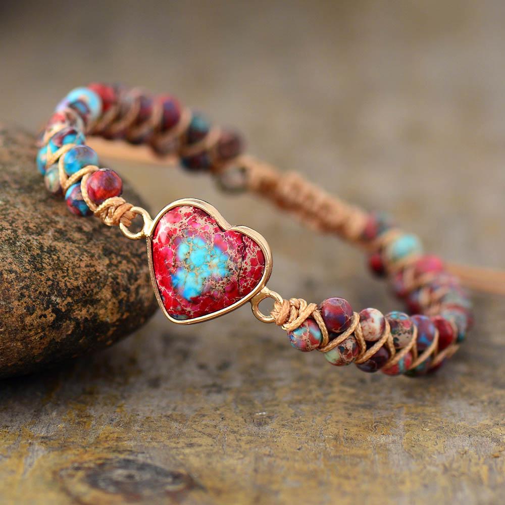 Herzarmband aus Naturstein, Makramee, rot-blau, Damen-Schmuck, Freundschaftsarmband.