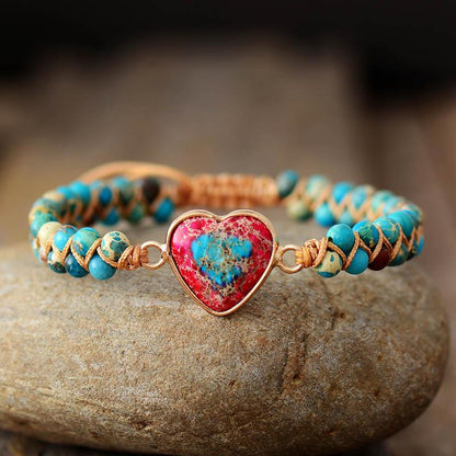 Makramee-Armband mit Herzanhänger, Naturstein, Türkis und Rot, Damen-Schmuck, Freundschaftsarmband.