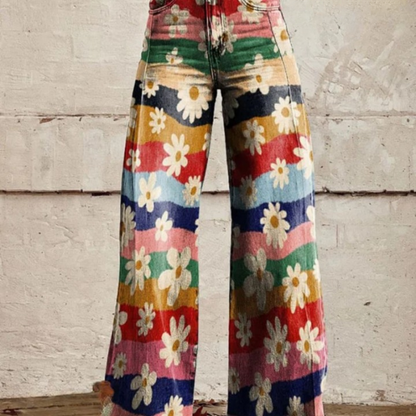 Höstliga retroblommiga byxor med flare och hög midja – Mirella