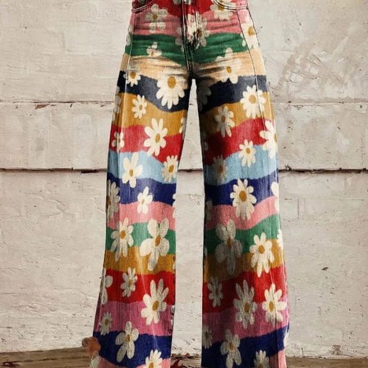 Höstliga retroblommiga byxor med flare och hög midja – Mirella