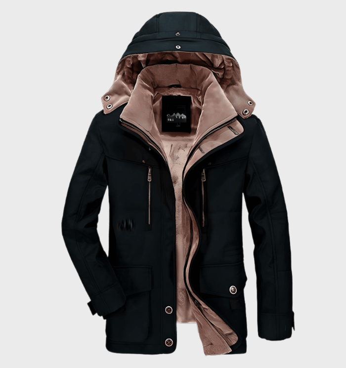 Schwarze Herren-Winterjacke mit Kapuze, Reißverschlusstaschen, warm gefüttert, stilvoll.