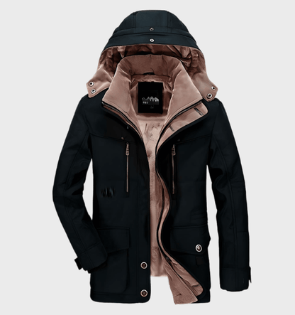 Schwarze Herren-Winterjacke mit Kapuze, Reißverschlusstaschen, warm gefüttert, stilvoll.