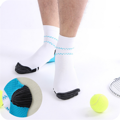 Weiße Sportsocken mit schwarzer Spitze, Tennisschläger und Ball, rutschfest, atmungsaktiv.