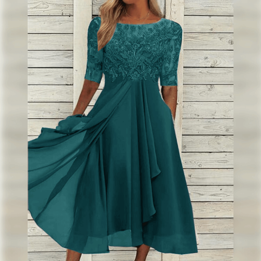 Damen Abendkleid, grün, Spitze, knielang, elegantes Design, festliche Mode.