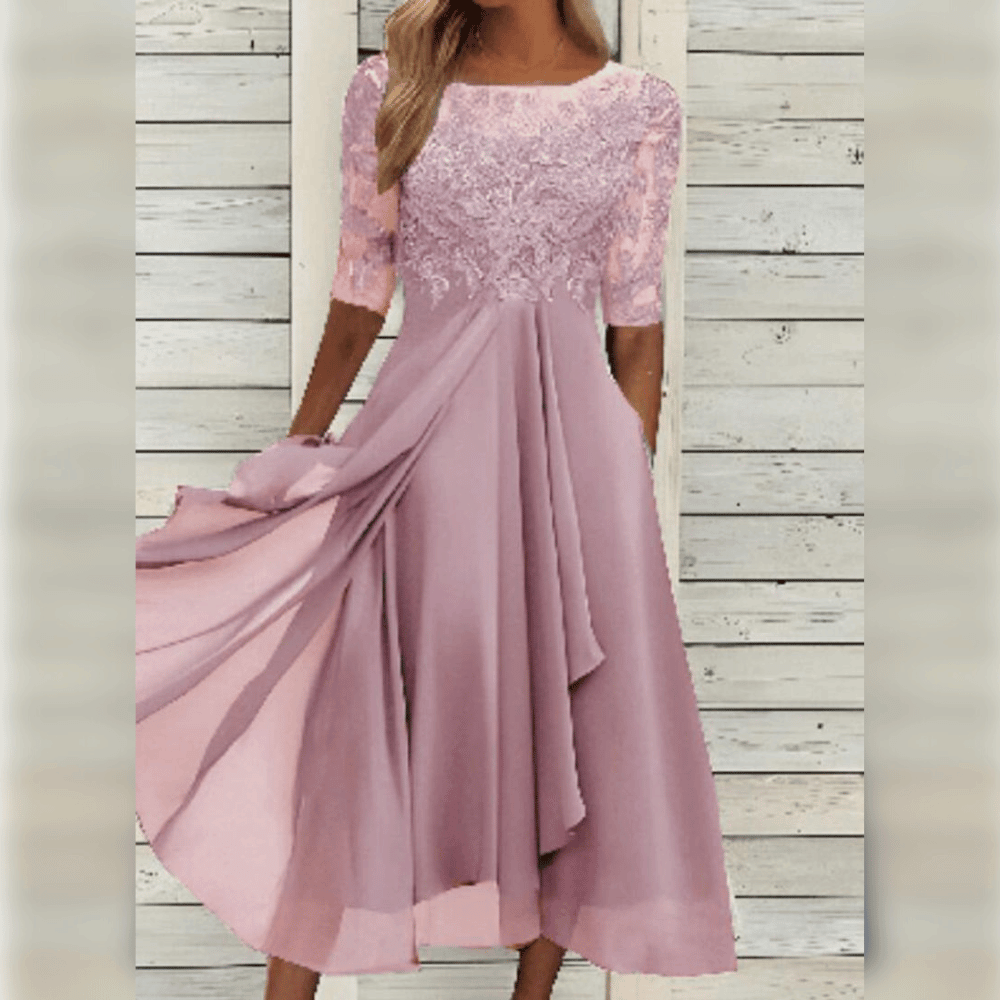 Rosa Spitzenkleid Damen, knielang, elegantes Design, festliche Mode, 3/4-Ärmel, fließender Stoff.