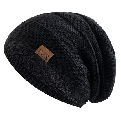 Schwarze Unisex-Wintermütze, Strick, mit Fellfutter, lässig, warm, Beanie, für Männer und Frauen.