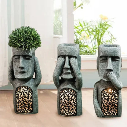 Drei graue Moai-Blumentöpfe mit LED-Licht, Garten-Dekoration, nicht sehen, hören, sprechen.