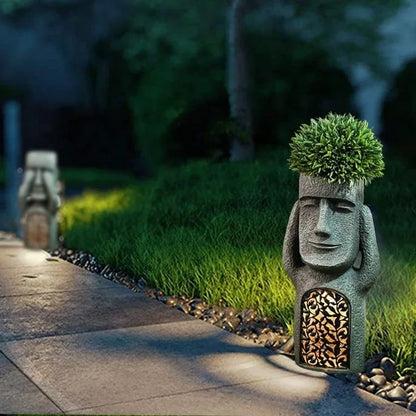 Gartenstatue Blumentopf LED-Licht, Moai-Design, Steinoptik, Außenbereich, Dekoration.