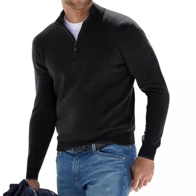 Schwarzer Herren-Pullover mit Reißverschluss, langärmelig, aus Baumwolle, lässig, modisch.