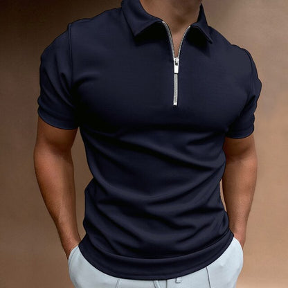 Schwarzes Herren-Poloshirt mit Reißverschluss, Kurzarm, elegantes Design.