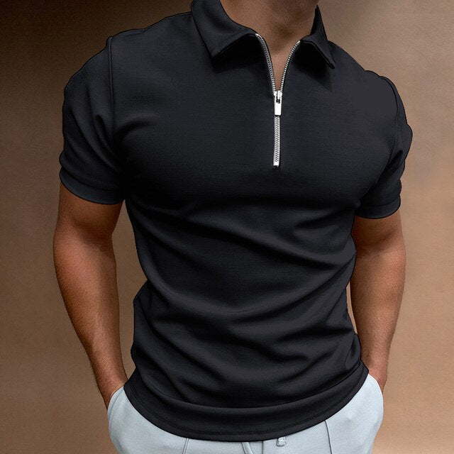 Schwarzes Herren-Poloshirt mit Reißverschluss, Kurzarm, Baumwolle, modisch, elegant.