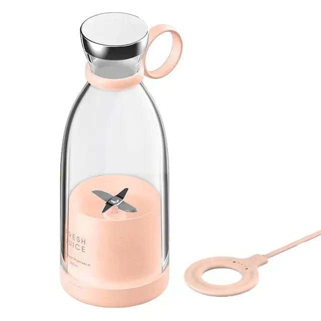 Tragbarer rosa Mixer, USB-aufladbar, Glasbehälter, ideal für Smoothies und Säfte.