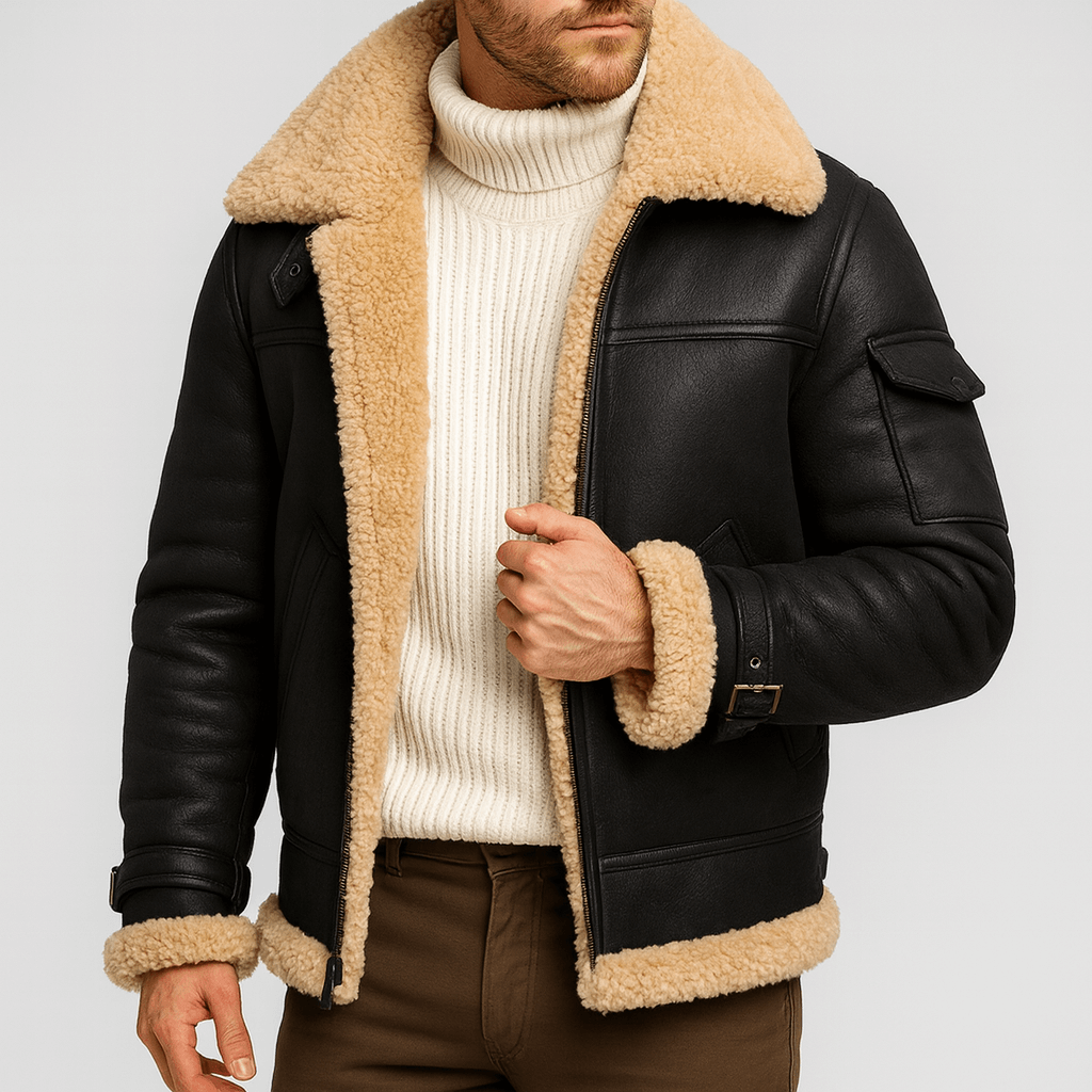 Man bär svart skinnjacka med beige fårskinnsfoder i krage och uppvikta ärmslut, öppen över vit polotröja. 6