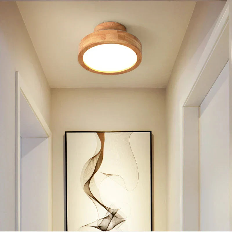 Runde Deckenleuchte aus Holz, LED, skandinavisches Design, Flurbeleuchtung, modern, minimalistisch.