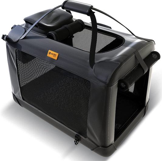 Tragbare schwarze Hundebox aus Mesh und Kunststoff, faltbar, ideal für Reisen und Transport.