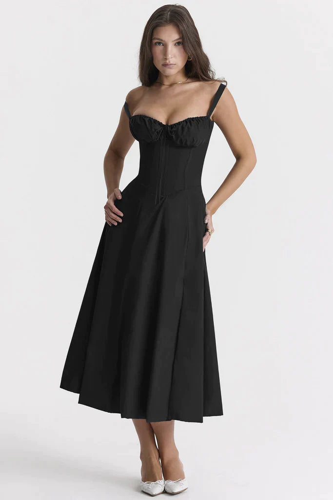 Schwarzes Korsettkleid Damen, ärmellos, knielang, elegantes Abendkleid, Mode, festlich.