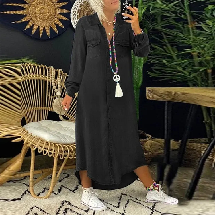 Hösttrendig denimklänning med knappslå och fickor – Isaline
