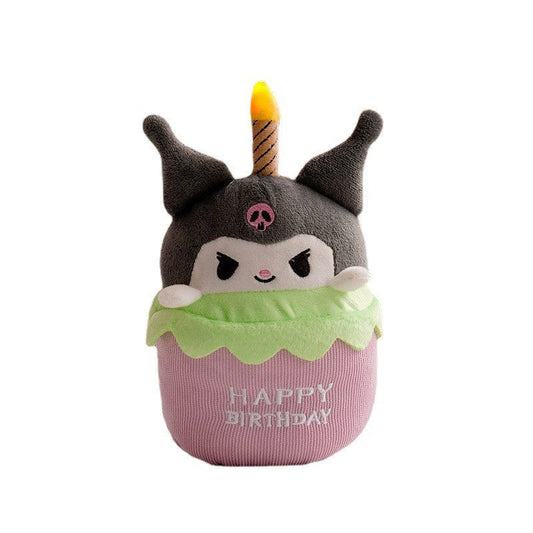 Kawaii Plüschfigur mit Kerze, schwarz-rosa, Happy Birthday Design, Geschenkidee.
