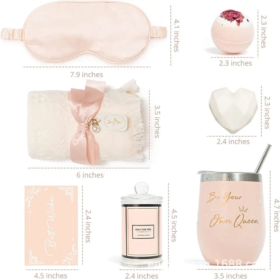 Geschenkset für Frauen, rosa Schlafmaske, Decke, Tasse, Kerze, Seife, Grußkarte.
