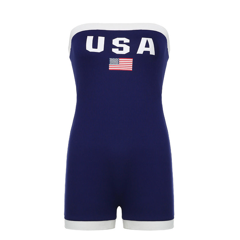 Trendig bandeau baddräkt med USA-motiv och kontrastdetaljer – Lexie