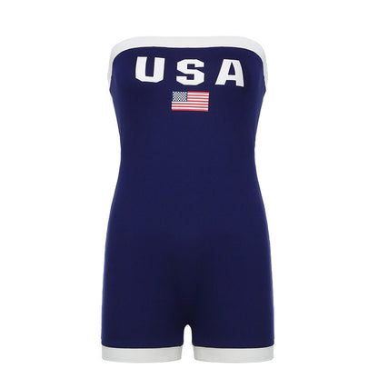 Trendig bandeau baddräkt med USA-motiv och kontrastdetaljer – Lexie