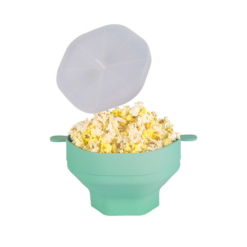 Grüne Silikon-Popcornschüssel mit Deckel, faltbar, ideal für Mikrowelle, BPA-frei.