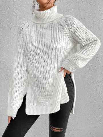 Weiße Strickpullover Damen, Rollkragen, grobmaschig, Wintermode, gemütlich, elegant.