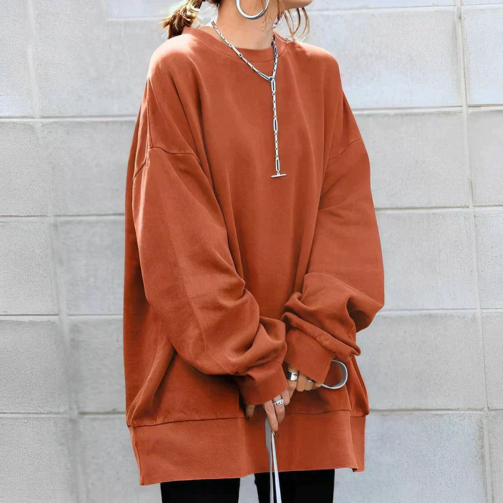 Damen Oversize Pullover, braun, lässig, Baumwolle, Herbstmode, Streetwear, Langarm.