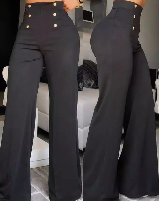 Schwarze Damenhose mit hoher Taille und goldenen Knöpfen, elegant und modisch.