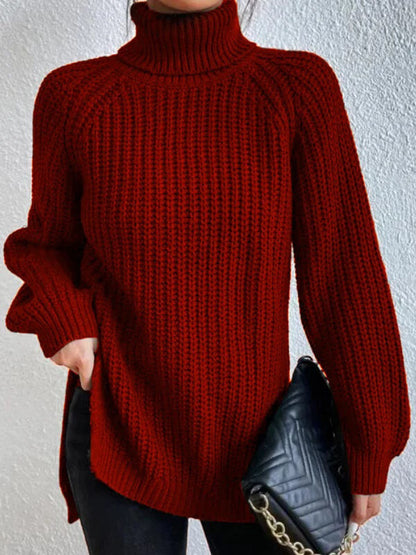 Roter Rollkragenpullover Damen, Strick, warm, modisch, Herbst-Winter, elegant, bequem.