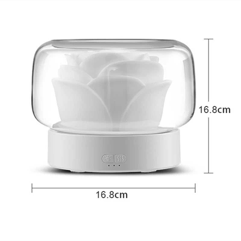 Weißer Luftbefeuchter mit Rosen-Design, Glasabdeckung, 16,8 cm, modernes Raumklima-Gerät.