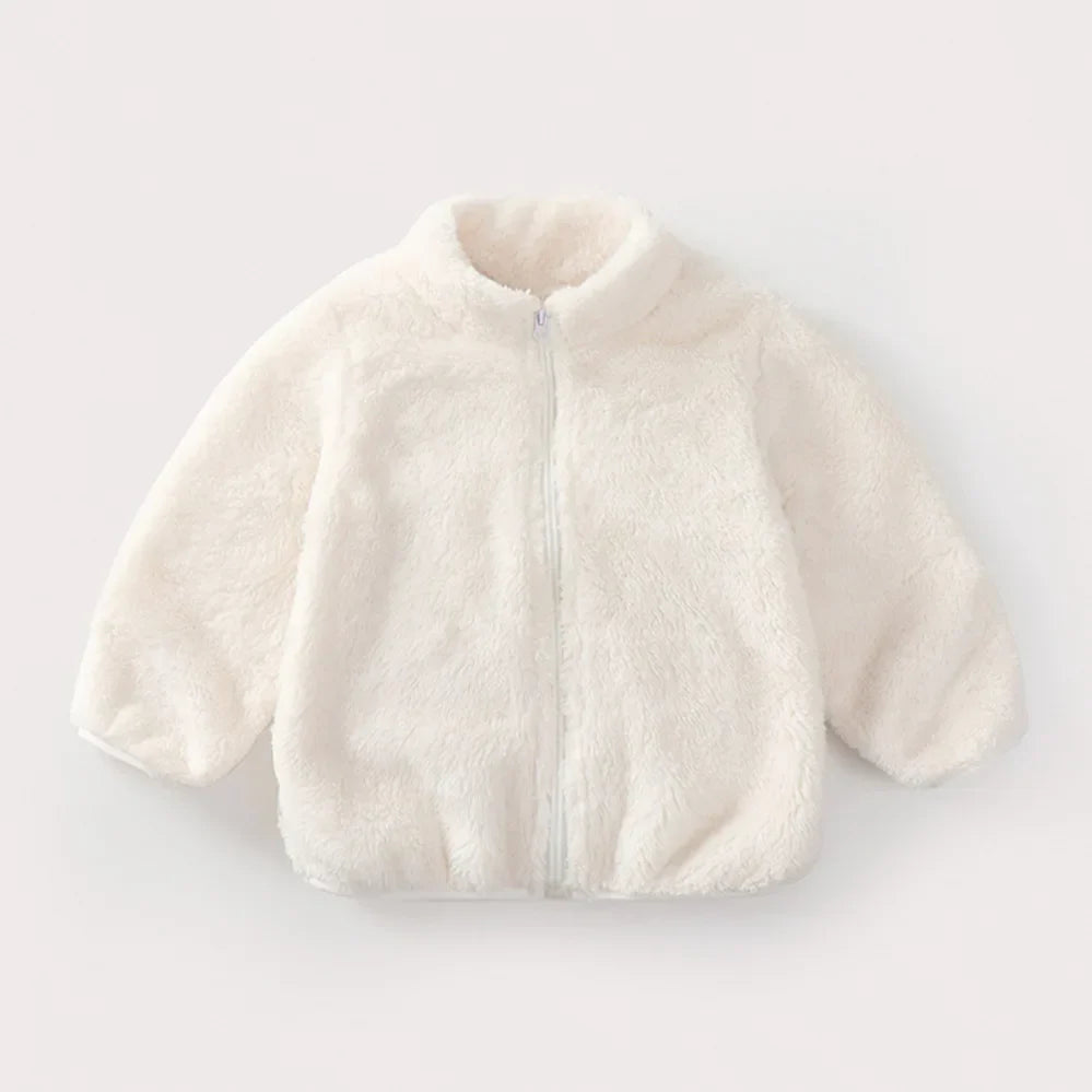 Weiße Kinder-Fleecejacke mit Reißverschluss, warm, weich, Wintermode, gemütlich.