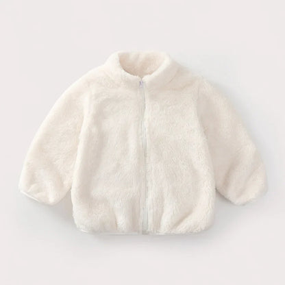 Weiße Kinder-Fleecejacke mit Reißverschluss, warm, weich, Wintermode, gemütlich.