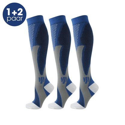 Drei blaue Kompressionsstrümpfe, atmungsaktiv, für Sport und Reisen, 1+2 Paar Angebot.