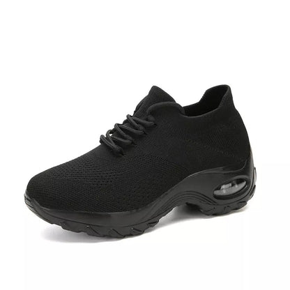Schwarzer Sneaker mit Luftpolstersohle, atmungsaktives Mesh, bequeme Damen-Freizeitschuhe.