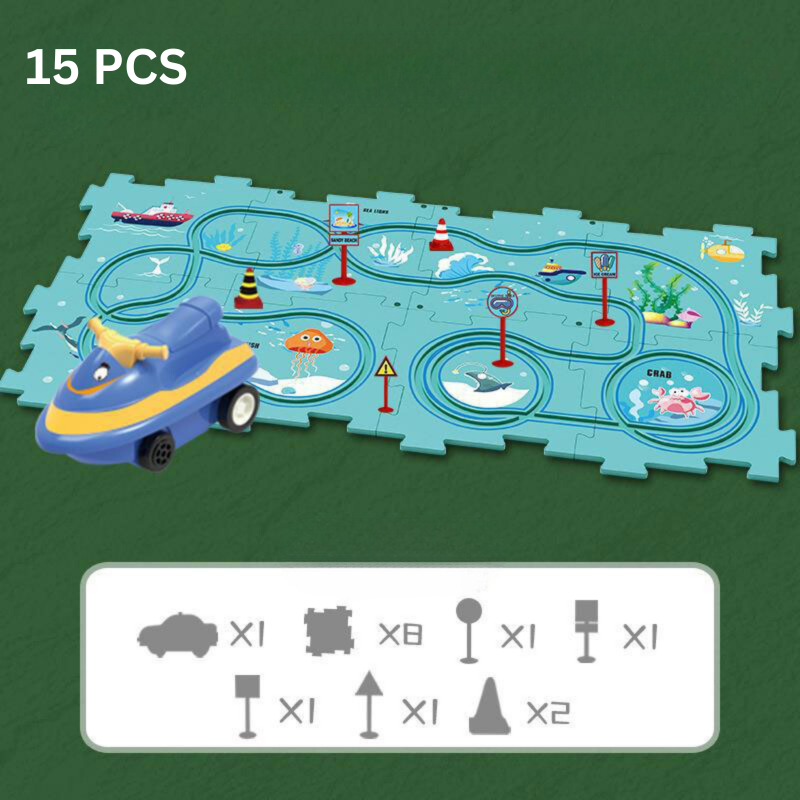Spielmatte mit 15 Teilen, blau, Ozean-Motiv, inkl. Spielzeugauto, Lernspielzeug für Kinder.