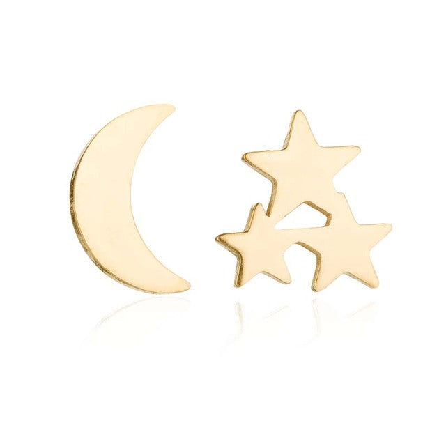 Goldene Edelstahl-Ohrringe, Mond und Sterne, minimalistischer Schmuck für Frauen.