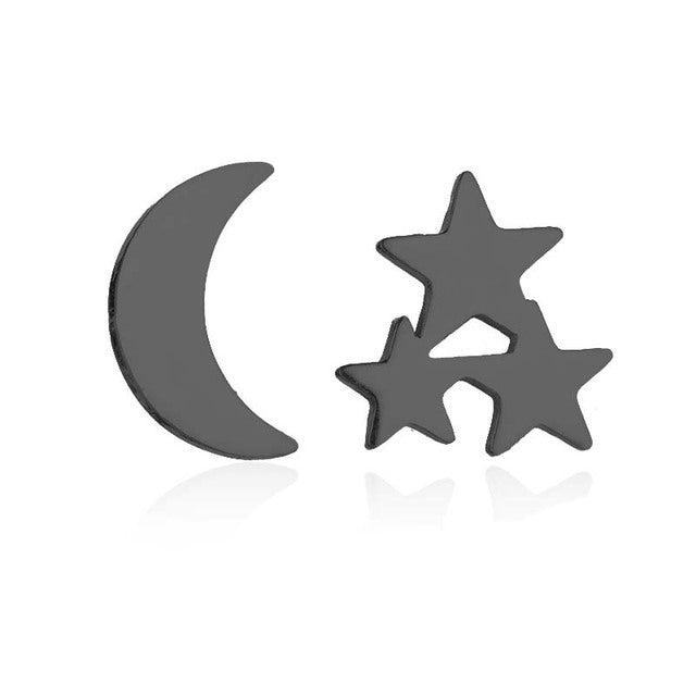 Schwarze Edelstahl-Ohrringe, Mond und Sterne, minimalistisches Design, Damen-Schmuck.