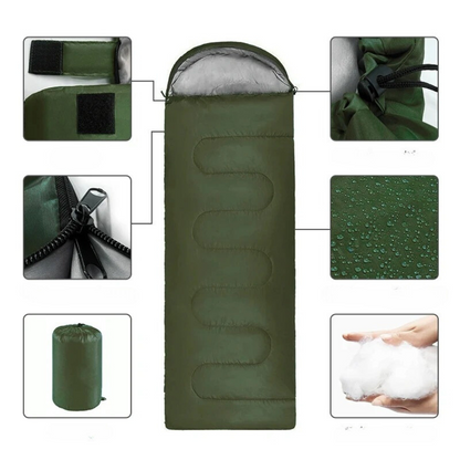 Grüner Schlafsack wasserdicht, rechteckig, mit Reißverschluss, ideal für Camping und Outdoor.