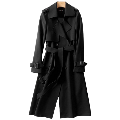 Schwarzer Trenchcoat für Damen, klassisch, elegant, mit Gürtel, Herbstmode, Mantel.