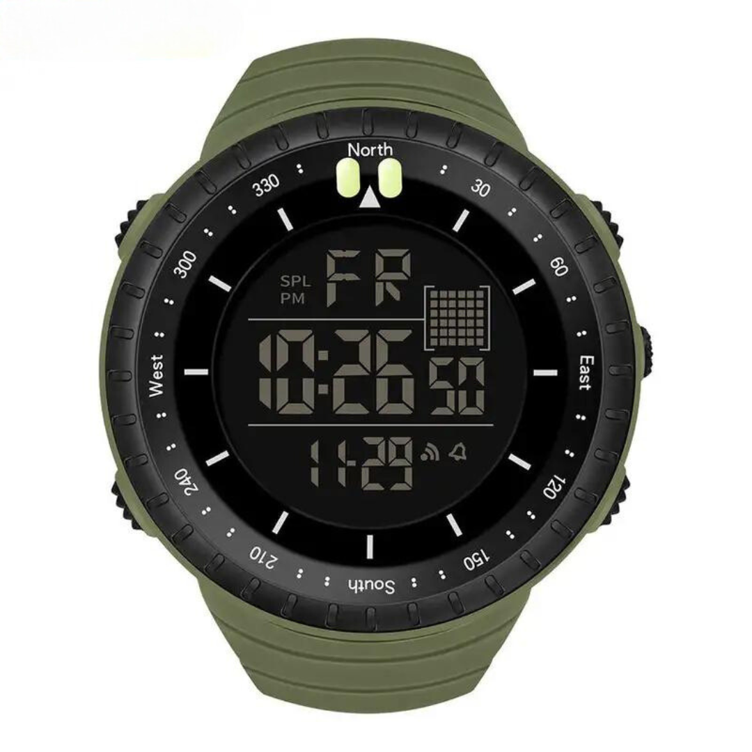 Grüne digitale Armbanduhr mit Kompass, Stoppuhr und Kalenderfunktion, Outdoor-Uhr.