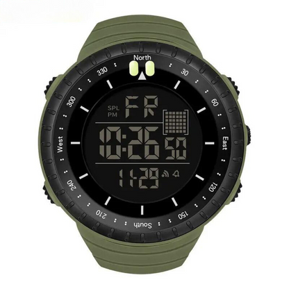 Grüne digitale Armbanduhr mit Kompass, Stoppuhr und Kalenderfunktion, Outdoor-Uhr.