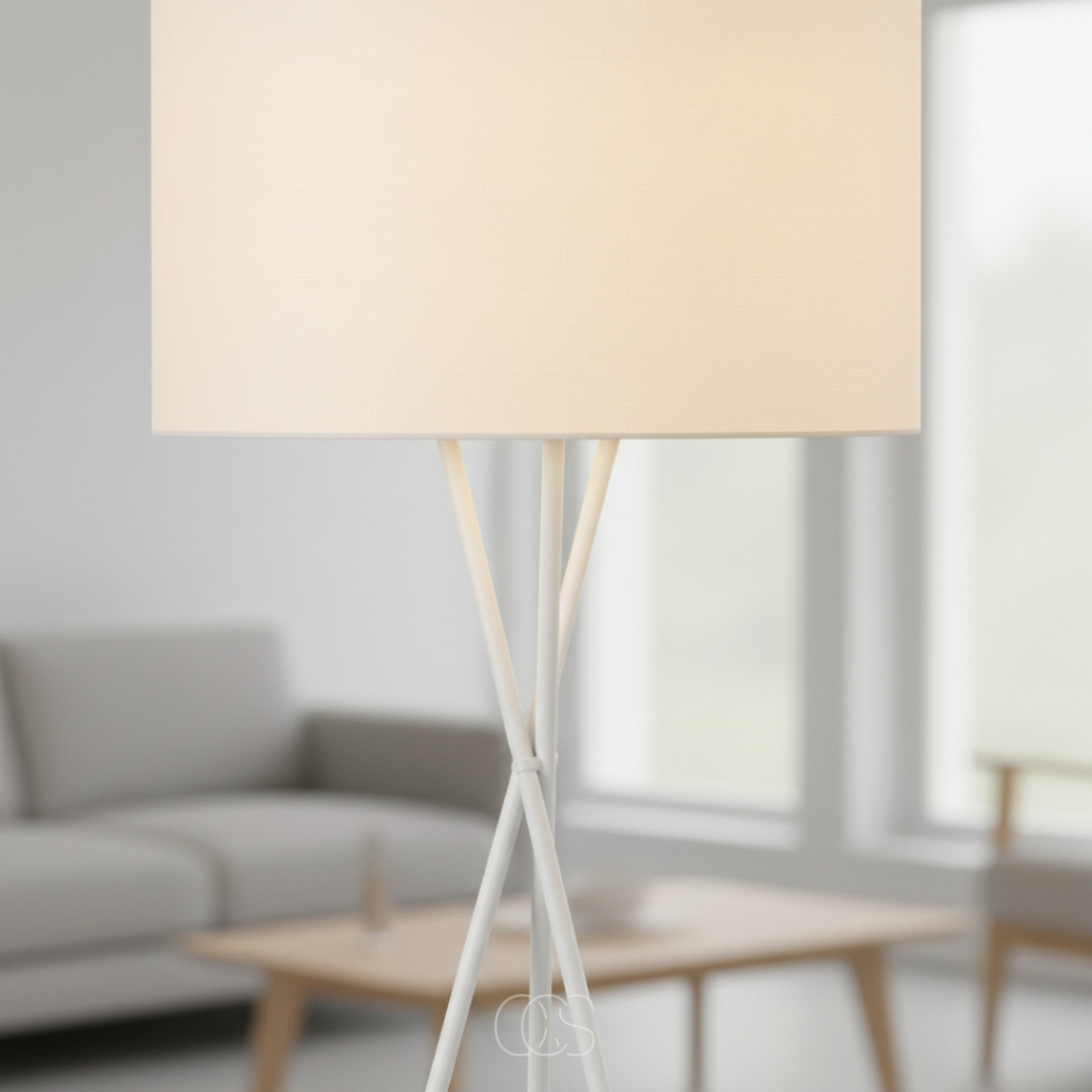 Närbild på vit lampskärm i tyg och korsade vita metallben, med suddigt vardagsrum i bakgrunden 5