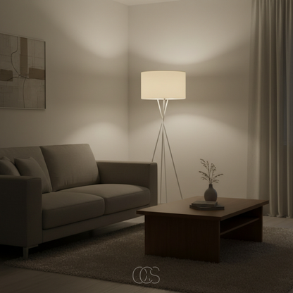 Tänd vit golvlampa i ett hörn med varmt sken över väggarna, bredvid en mörk soffa 8