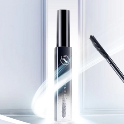 Schwarze Mascara-Flasche mit Bürste, modernes Design, Kosmetikprodukt, Wimpernverlängerung.