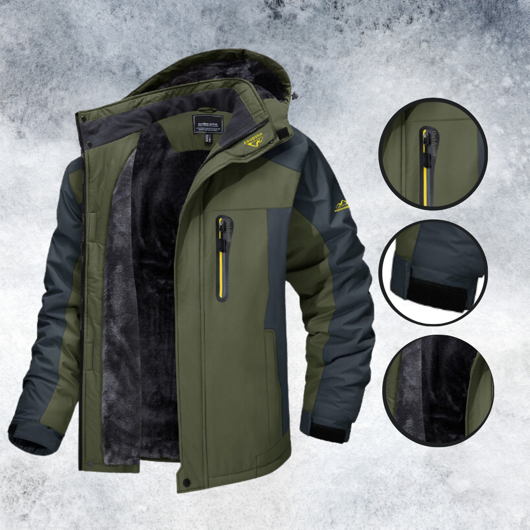 Grüne Herren-Winterjacke, wasserdicht, mit Kapuze und Reißverschlusstaschen, Outdoor-Bekleidung.