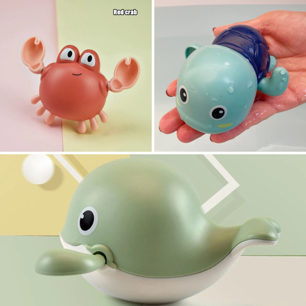 Spielzeugset für Kinder: roter Krabbe, blauer Schildkröte, grüner Wal, Badespielzeug, Kunststoff.